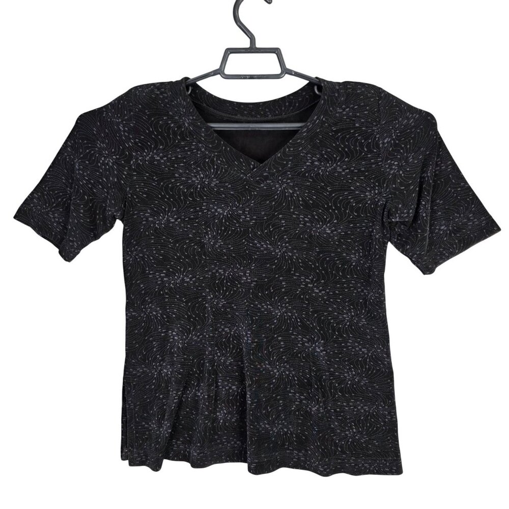 Womens Black Patterned Slinky Top V-Neck Short Sleeve Acetate Blend Stretch S